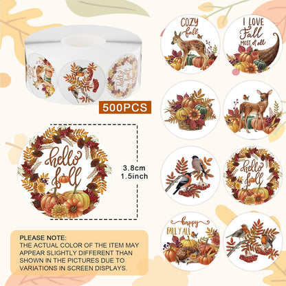 Hello Fall Sticker Roll 500Pcs 1.5" Pumpkins Maple Leaves Deers Birds Self-Adhesive Round Decals Designs Envelope Seals Label for Autumn Party Supplies Gift Packing Decoration
