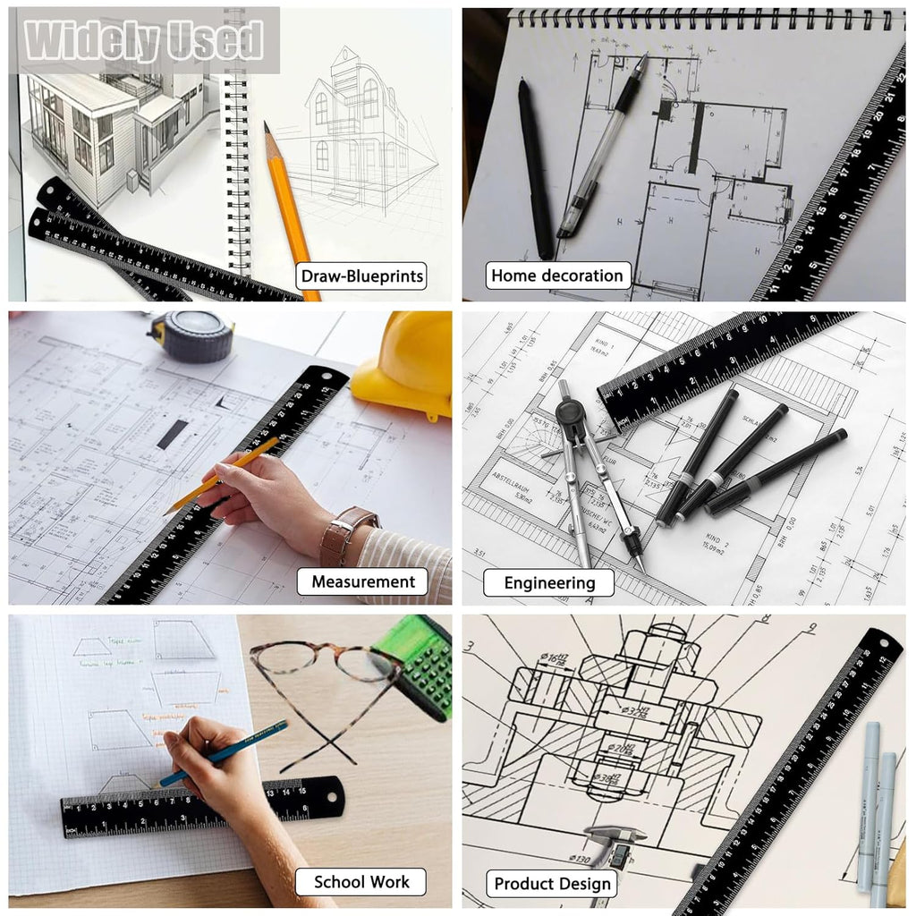 2 Pack Metal Ruler Set (6" and 12"), Dual Scale Metric & Imperial Metal Straight Rulers Kit, 300mm+150mm with Millimeters-Inches Conversion Table for Student School Measuring Office Drafting Tools