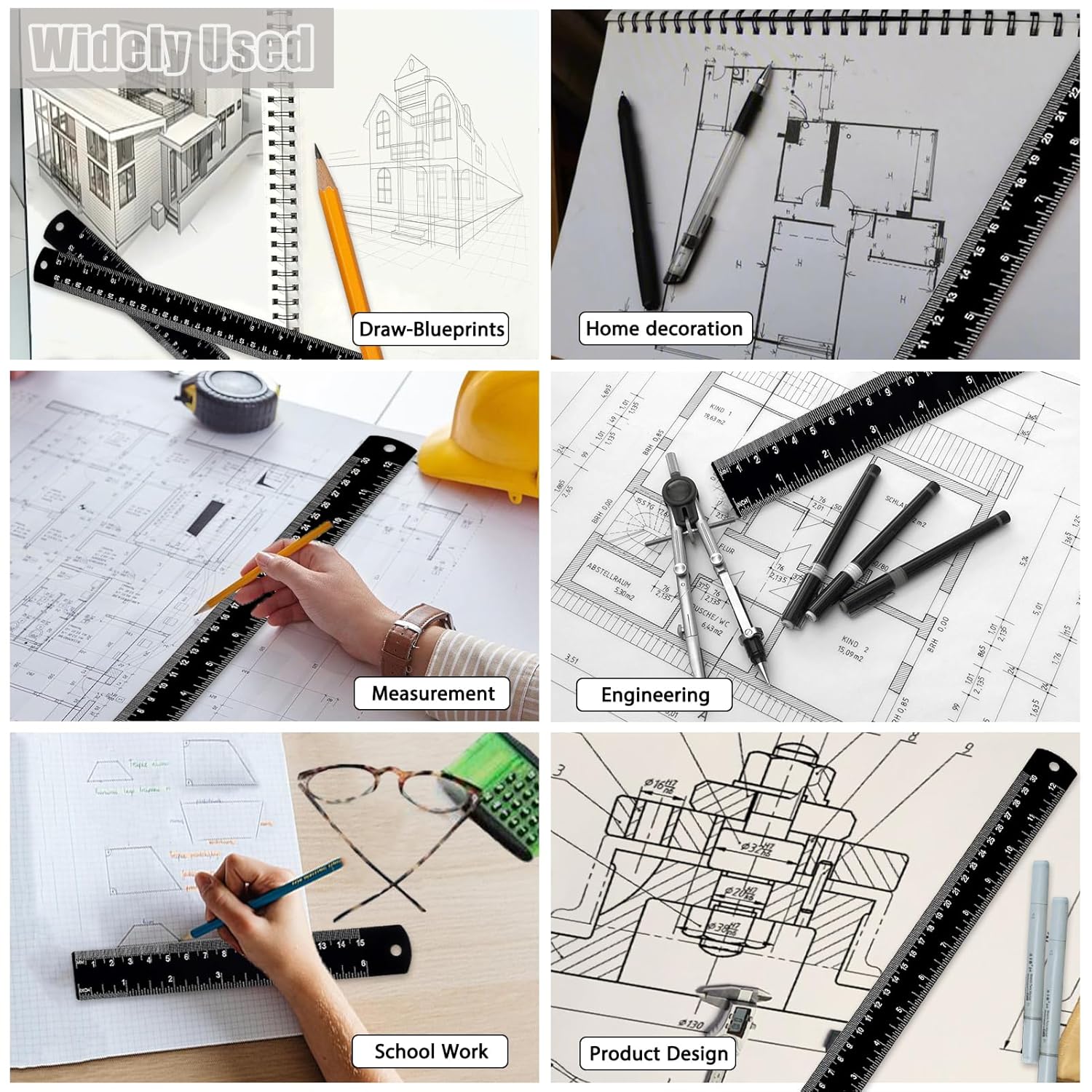 2 Pack Metal Ruler Set (6" and 12"), Dual Scale Metric & Imperial Metal Straight Rulers Kit, 300mm+150mm with Millimeters-Inches Conversion Table for Student School Measuring Office Drafting Tools