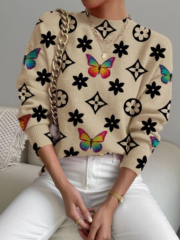 Women's Geometric Pattern Stand Collar Sweater, Fall Winter Casual Long Sleeve Knitwear, Comfortable Warm Daily Wear