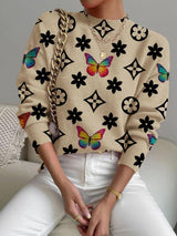 Women's Geometric Pattern Stand Collar Sweater, Fall Winter Casual Long Sleeve Knitwear, Comfortable Warm Daily Wear