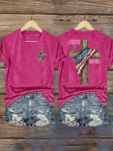 Women's Stand For The Flag Kneel For The Cross Printed Casual V-Neck T-Shirt