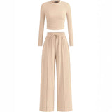 2-Piece Lounge Set – Ribbed Knit Long Sleeve Crop Top & Wide Leg Pants