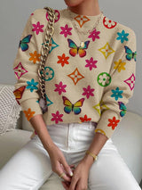 Women's Geometric Pattern Stand Collar Sweater, Fall Winter Casual Long Sleeve Knitwear, Comfortable Warm Daily Wear