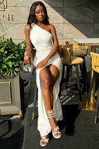 One-Shoulder Ruched High-Slit Maxi Dress