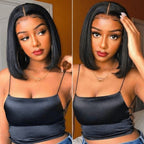 QVR Sliced Cut Straight Short Bob Wig Wide C Lace Natural Black Human Hair Wigs