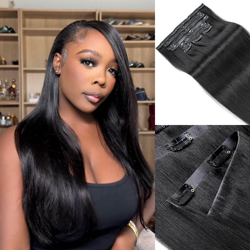 QVR Upgraded Invisible Edge 9PCS PU Clip Ins Extensions 5PCS Volumizer Natural Straight Seamless Clip In Human Hair