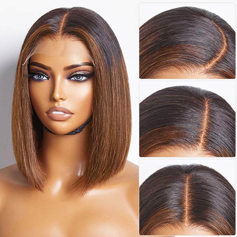 QVR Glueless Straight Ombre Brown Highlight Silky Blunt Cut 5x5 Lace Closure Short Bob Wigs