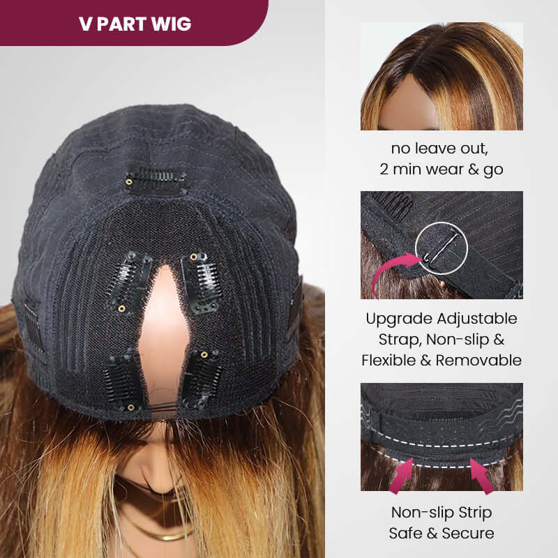 QVR Highlight Straight V Part Human Hair Wig P1B/30/27 Color Human Hair Wigs