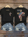 Women's Stand For The Flag Kneel For The Cross Printed Casual V-Neck T-Shirt