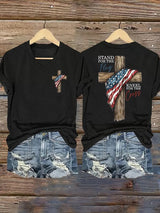 Women's Stand For The Flag Kneel For The Cross Printed Casual V-Neck T-Shirt