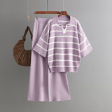 Stylish Striped Top & Solid Color Wide Leg Pants Two-Piece Set