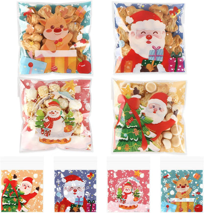 100 PCS Christmas Cellophane Bags, Christmas Cookie Bags Treat Bags Self Sealing Clear Self-adhesive Snack Candy Gift Wrap Ziplock Bags for Winter Santa Xmas Holiday Party Gift Decoration Supplies