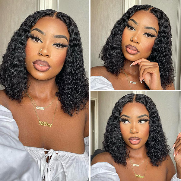 QVR Glueless Pre-cut 4x6 HD Lace Closure Human Hair Short Bob Wigs Water Wave Wear and Go Wigs