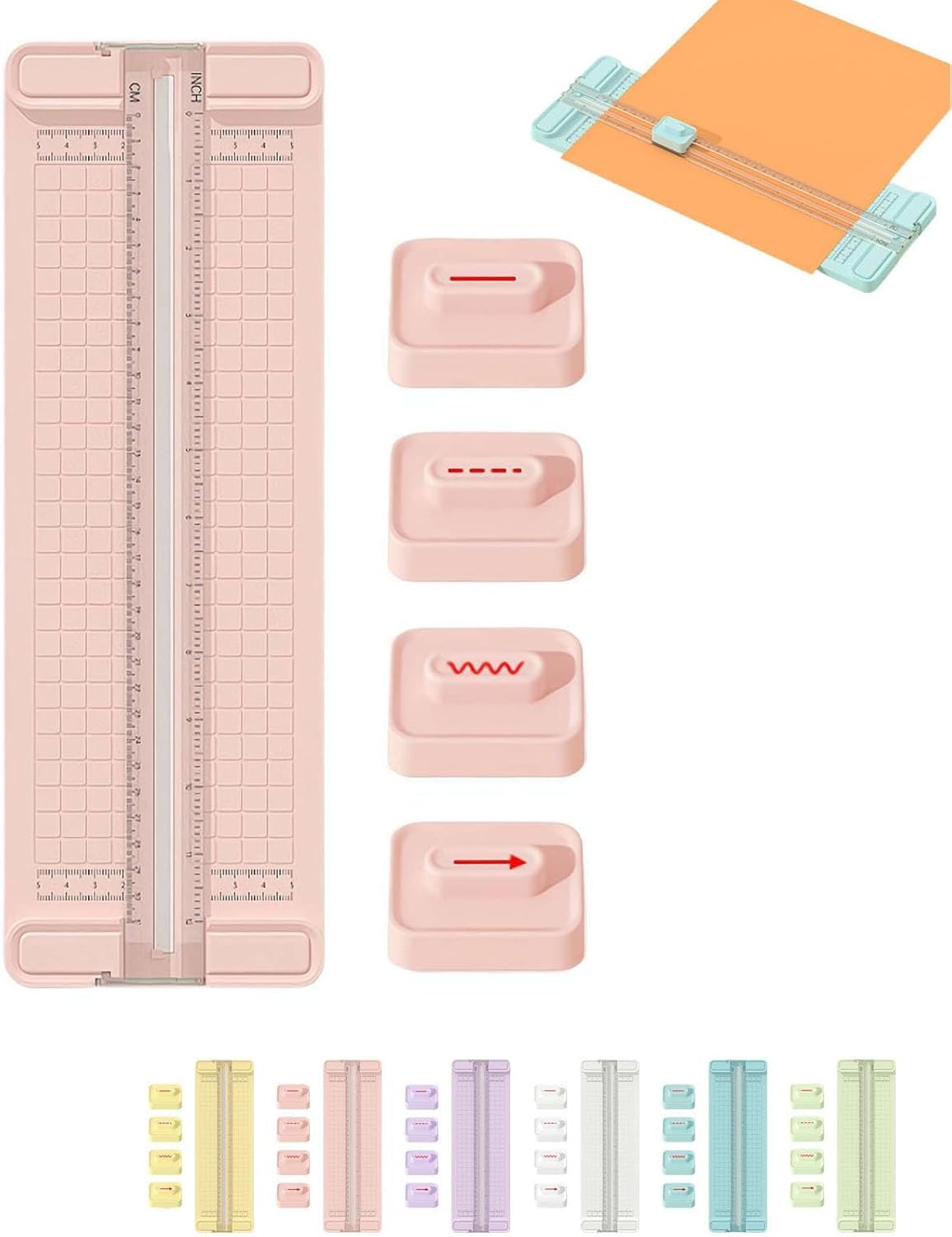 4-in-1 Bidirectional Paper Cutter,Mini Paper Trimmer,Multi-Function Scrapbooking Tool with Straight Wave Perforated Creasing Blades for Craft Paper,Cardstock, Coupon, Label, Photo,Postcard (Blue)