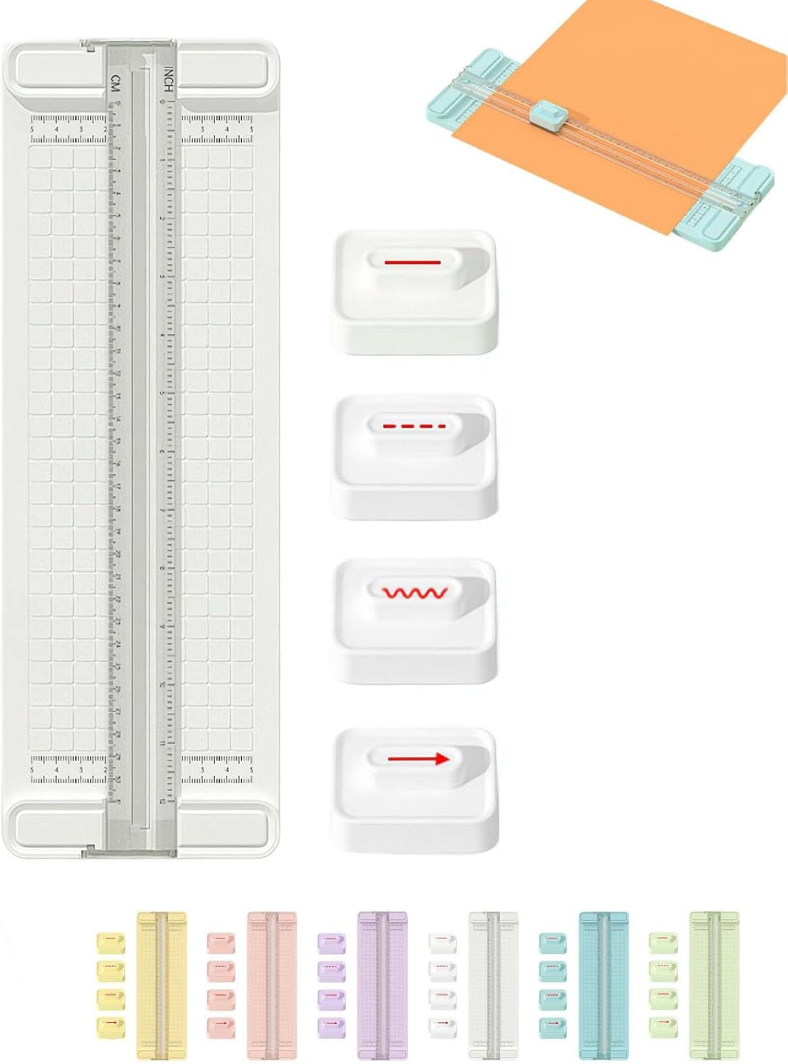 4-in-1 Bidirectional Paper Cutter,Mini Paper Trimmer,Multi-Function Scrapbooking Tool with Straight Wave Perforated Creasing Blades for Craft Paper,Cardstock, Coupon, Label, Photo,Postcard (Blue)