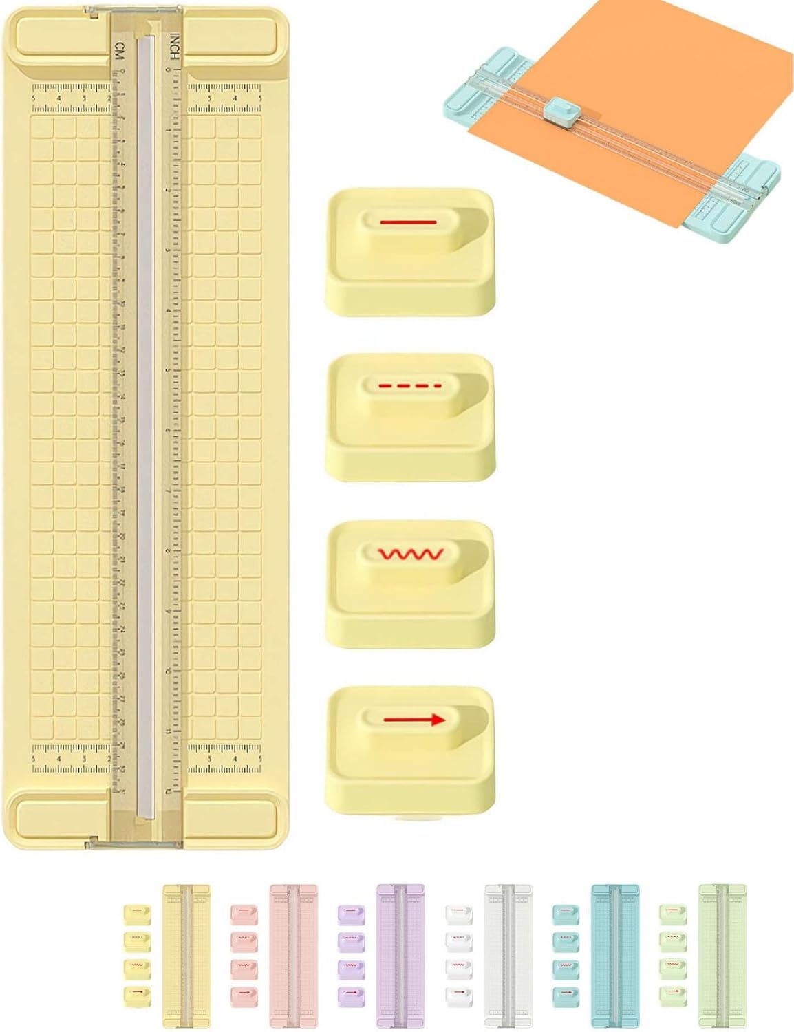 4-in-1 Bidirectional Paper Cutter,Mini Paper Trimmer,Multi-Function Scrapbooking Tool with Straight Wave Perforated Creasing Blades for Craft Paper,Cardstock, Coupon, Label, Photo,Postcard (Blue)