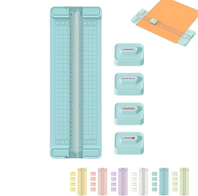 4-in-1 Bidirectional Paper Cutter,Mini Paper Trimmer,Multi-Function Scrapbooking Tool with Straight Wave Perforated Creasing Blades for Craft Paper,Cardstock, Coupon, Label, Photo,Postcard (Blue)