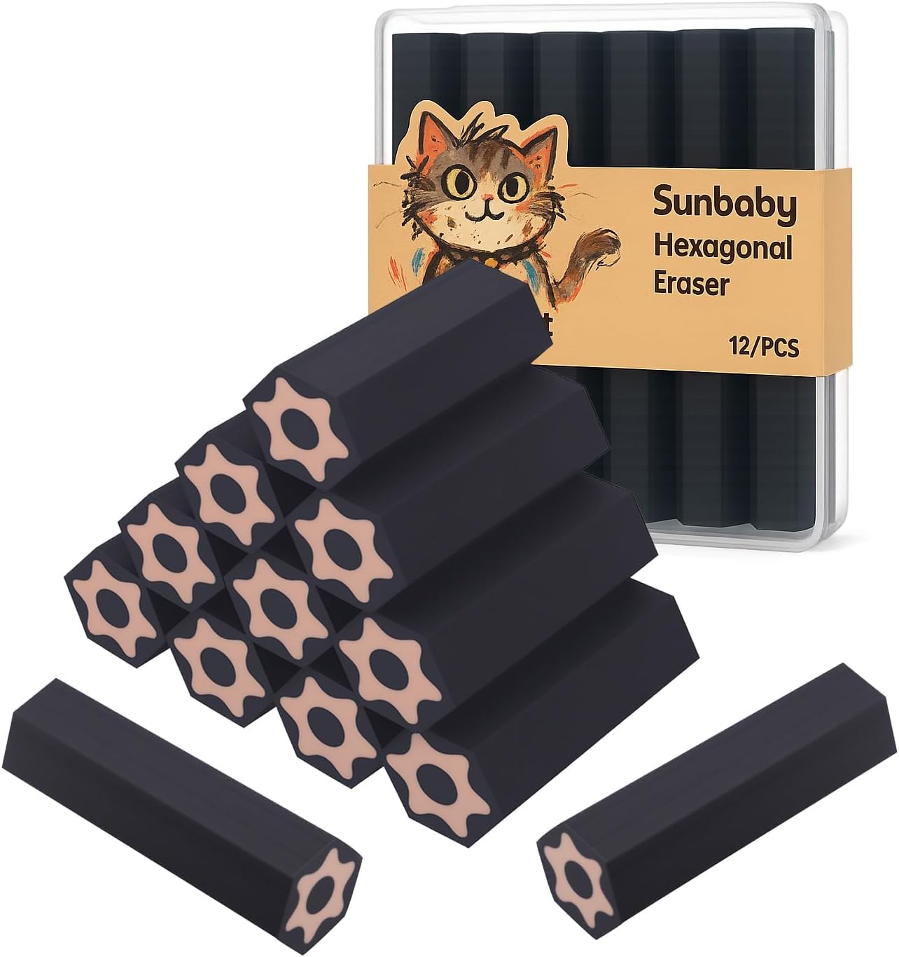 12 Pack Pencil Erasers, Colored Rubber Eraser for Kids School Students Office, Art Erasers for Drawing Sketching Bulk (Black Erasers)