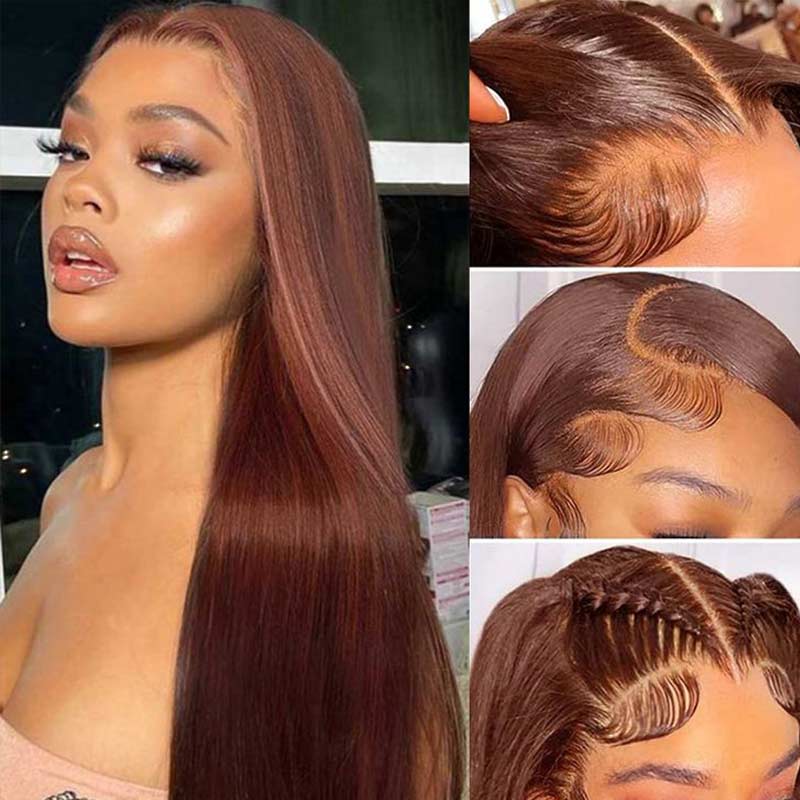 QVR Pre-cut 4x6 HD Lace Closure Human Hair Wig Straight/Body Wave #33 Colored Reddish Brown Wig