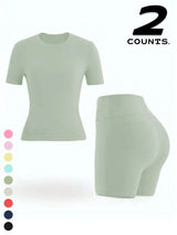 Women's Two-piece Set, Solid Color Tee & High Waist Skinny Shorts Tracksuit Set