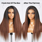 QVR Glueless Curly Edges Kinky Straight 5x5 Lace Closure Human Hair Wigs Black To Brown Ombre Long Wigs