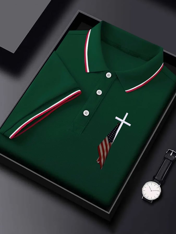 Men's  Flag Cross Print Polo Shirt