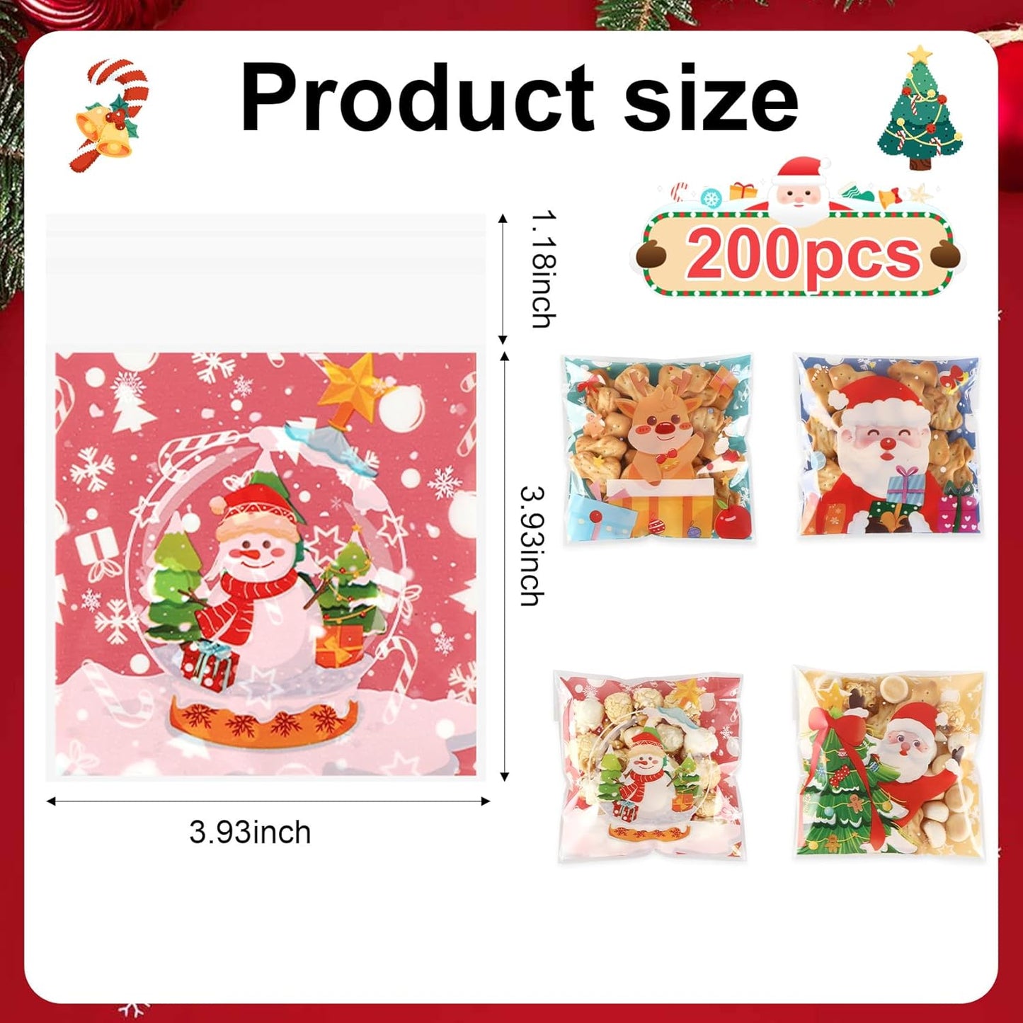 100 PCS Christmas Cellophane Bags, Christmas Cookie Bags Treat Bags Self Sealing Clear Self-adhesive Snack Candy Gift Wrap Ziplock Bags for Winter Santa Xmas Holiday Party Gift Decoration Supplies