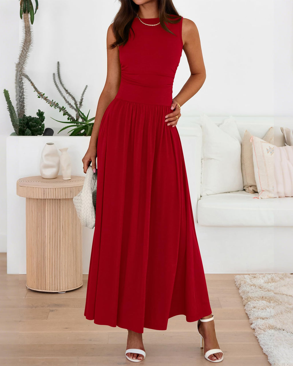 Women's Solid Color Sleeveless Waist Pleated Design Dress with Pockets