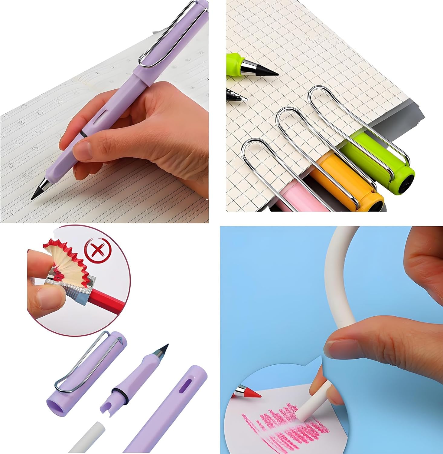 12pcs unlimited pencils, for children's writing, permanent ink-free pencils and erasers - no sharpening, reusable, suitable for schools, art, sketching (multicolor) (12 pcs Colour)