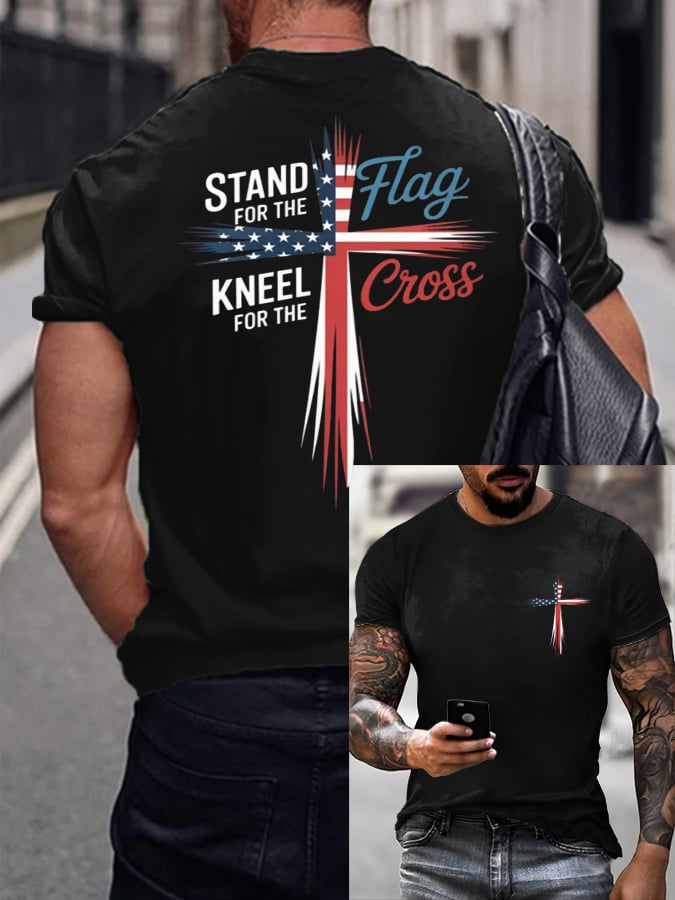 Men's Stand For Flag Kneel For The Cross Print T-Shirt