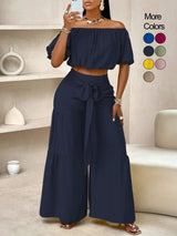 Summer Beach Vacation Bow Shoulderless Round Neck Shirt Wide Leg Pants Set, Casual Loose-Fitting, Women's Fashion, Womenswear