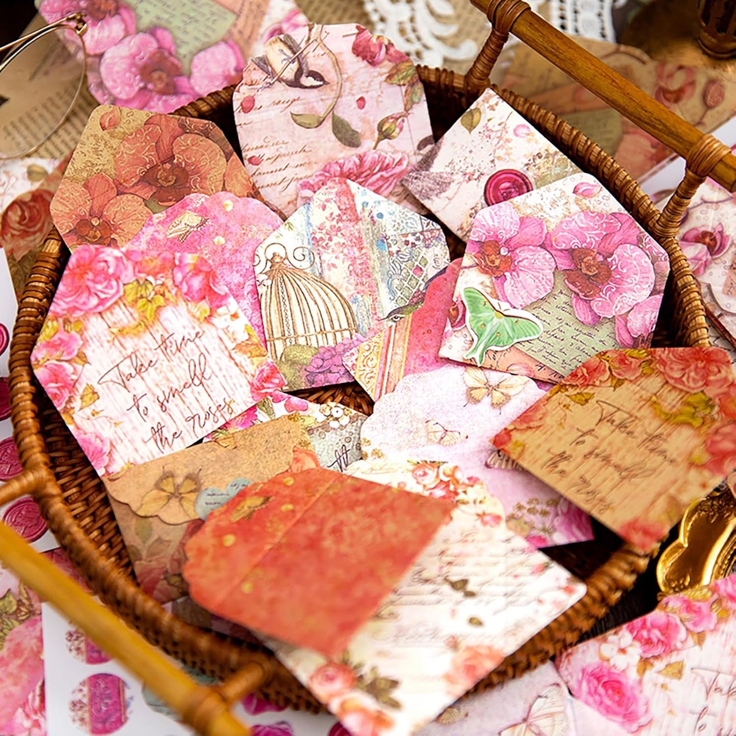 Vintage Flower Mini Envelope, Small Envelopes and Sealing Sticker Set, 40 Matching Envelopes and 2 Sheets Seal Sticker