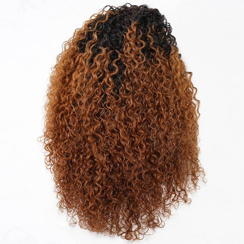 QVR Glueless Ombre Brown Twist Curly Half Wig with Black Roots 250% Density Human Hair Wig #T1B/30 Wear Go Flip Over Wig