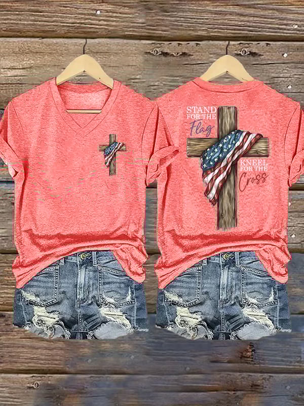 Women's Stand For The Flag Kneel For The Cross Printed Casual V-Neck T-Shirt