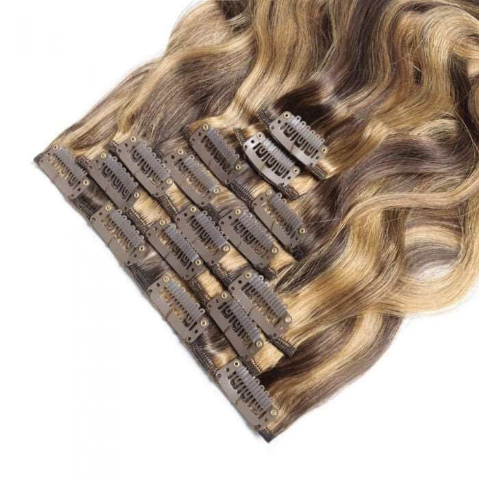 QVR #P4/27 Blonde Highlights Straight/Body Wave 7Pcs Clip in Hair Extensions