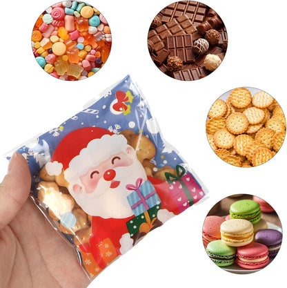 100 PCS Christmas Cellophane Bags, Christmas Cookie Bags Treat Bags Self Sealing Clear Self-adhesive Snack Candy Gift Wrap Ziplock Bags for Winter Santa Xmas Holiday Party Gift Decoration Supplies