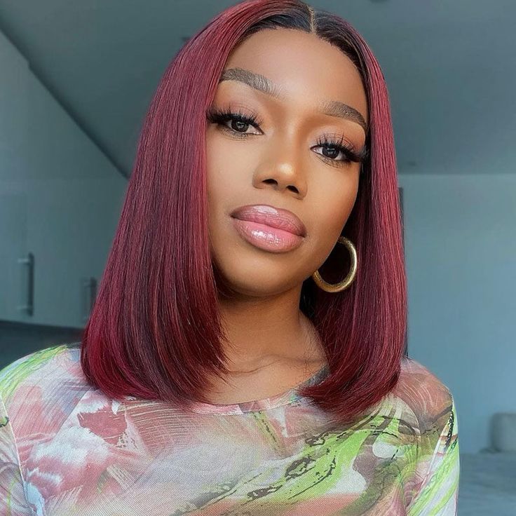 QVR 1B/99J Burgundy Color Hair Short Bob Wigs Straight Human Hair Wigs Short Lace Wigs With Dark Roots