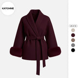 Women's Elegant Solid Color Waist Tie Fuzzy Cuff Wrap Coat, Premium Plush Long Sleeve Thermal Coat, Outerwear Jacket for Fall & Winter(CN/US)