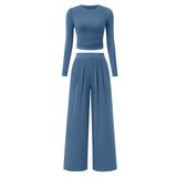 2-Piece Lounge Set – Ribbed Knit Long Sleeve Crop Top & Wide Leg Pants