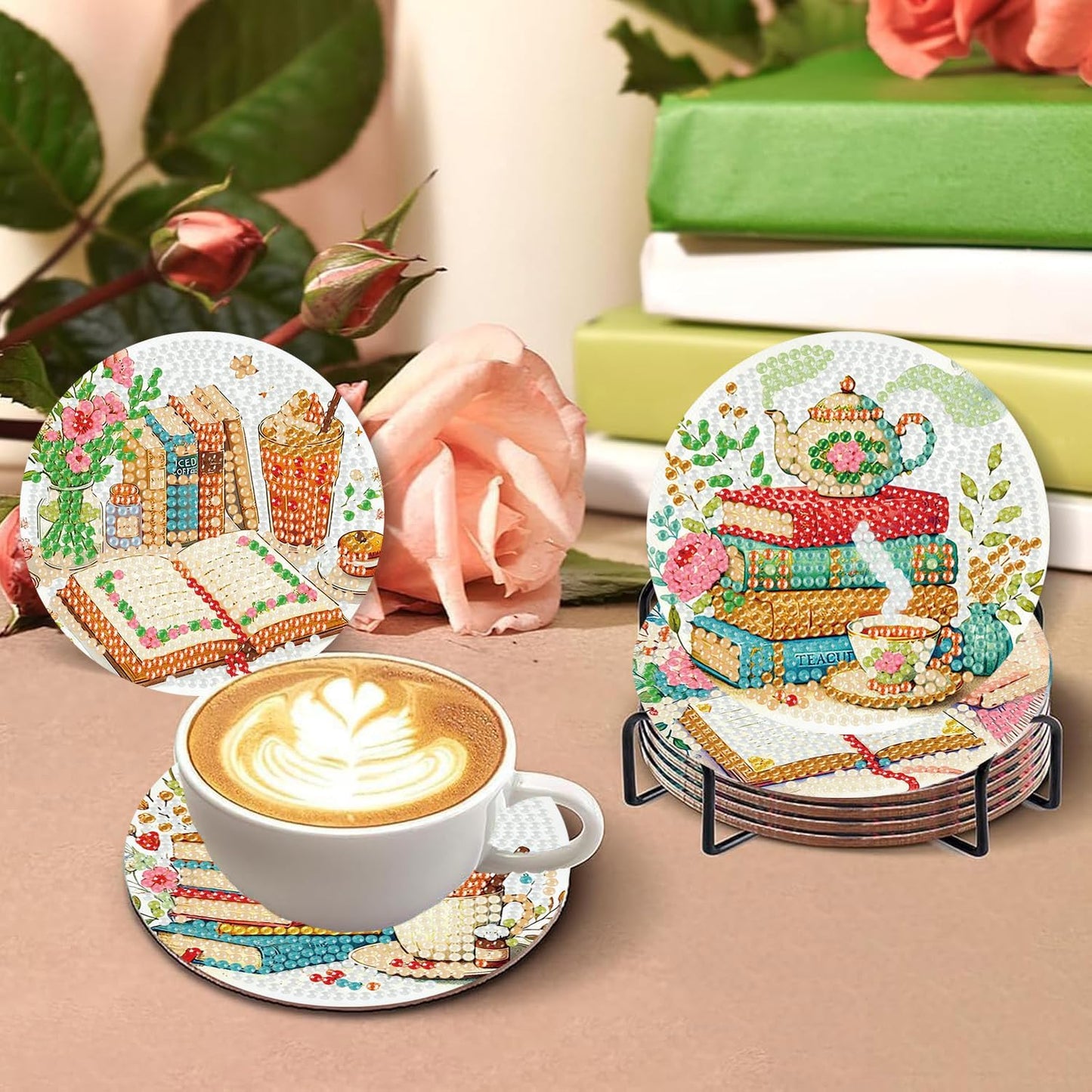8 PCS Diamond Art Coasters Kits Book Diamond Painting Coaster Kits Diamond Coasters with Holder Cork Pads Gem Art Dots Paintings Crafts Supplies for Adults Beginners