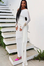 Mesh White One-Shoulder Maxi Dress