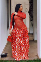 Vibrant Red Sheer Floral Maxi Dress