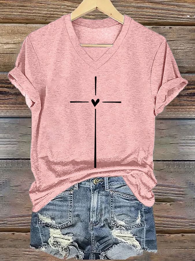 Women's Christian Faith Cross Printed V-Neck Short Sleeve T-Shirt