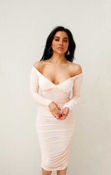 Ruched Bardot Long Sleeve Bodycon Mini Dress