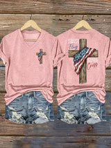 Women's Stand For The Flag Kneel For The Cross Printed Casual V-Neck T-Shirt