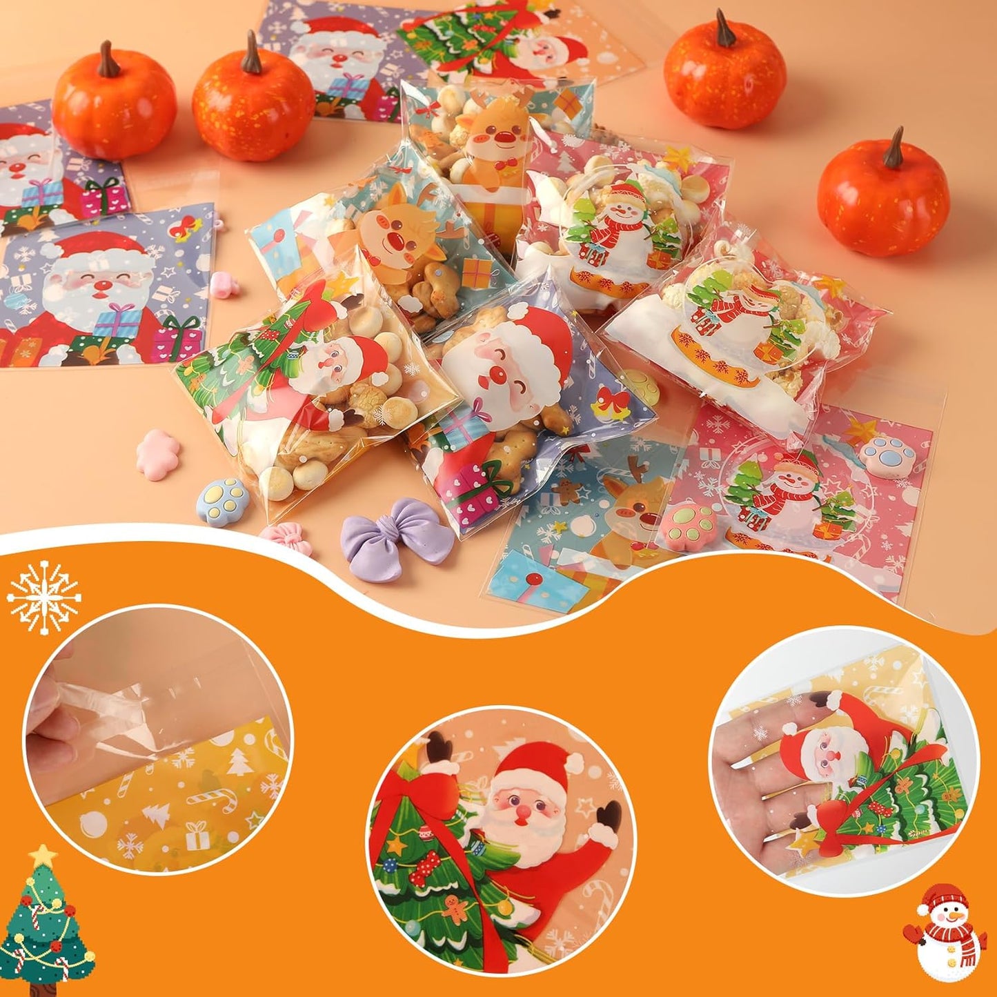 100 PCS Christmas Cellophane Bags, Christmas Cookie Bags Treat Bags Self Sealing Clear Self-adhesive Snack Candy Gift Wrap Ziplock Bags for Winter Santa Xmas Holiday Party Gift Decoration Supplies