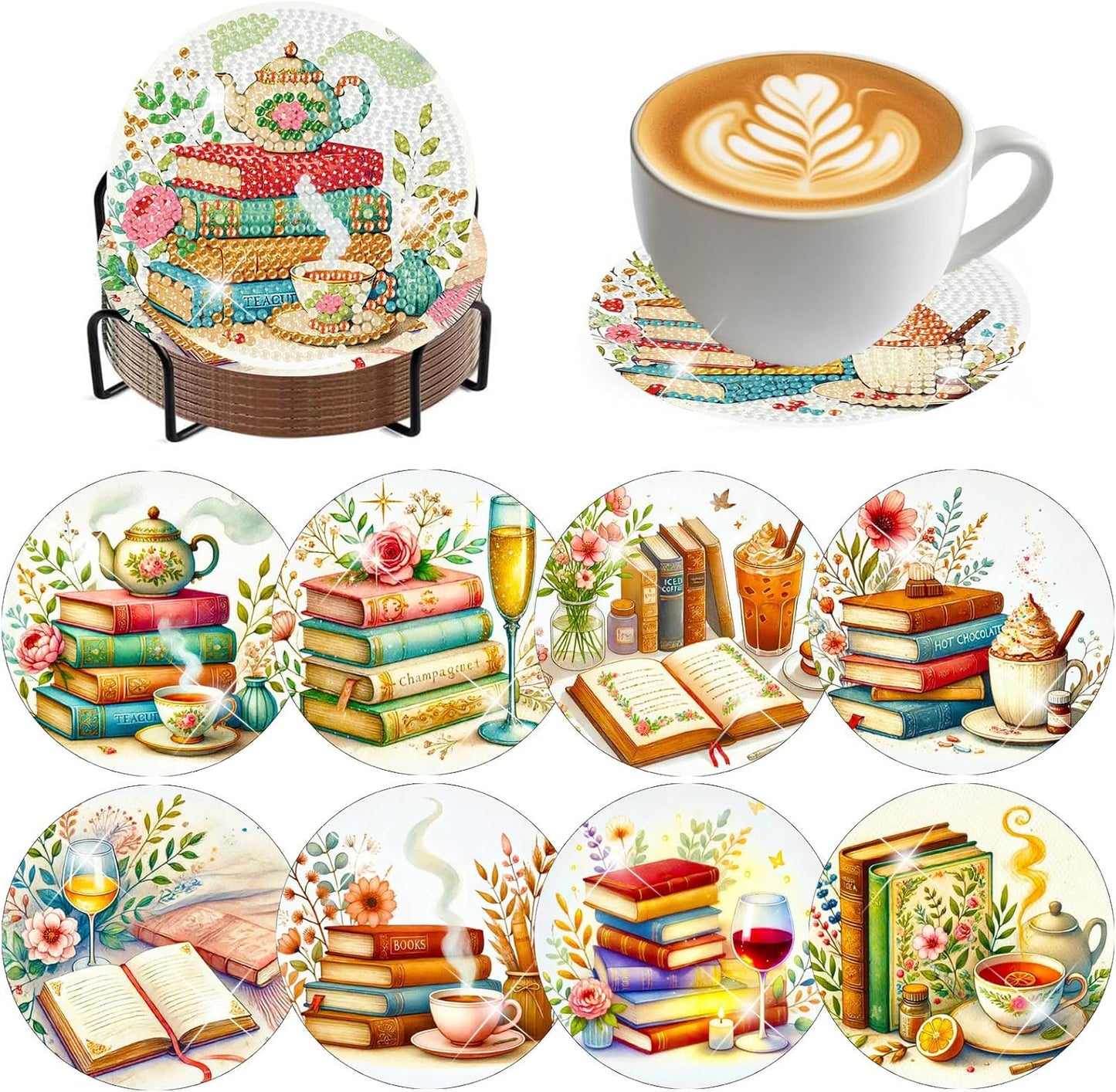 8 PCS Diamond Art Coasters Kits Book Diamond Painting Coaster Kits Diamond Coasters with Holder Cork Pads Gem Art Dots Paintings Crafts Supplies for Adults Beginners