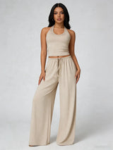 Women's Solid Crop Tank Top & Wide Leg Pants Set, Casual V Neck Sleeveless Top & Trousers for Daily Outdoor Wear, Ladies Sportswear for Summer Sports, Yoga and Airport Outfits, Gym Outfit