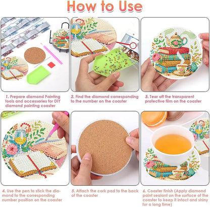 8 PCS Diamond Art Coasters Kits Book Diamond Painting Coaster Kits Diamond Coasters with Holder Cork Pads Gem Art Dots Paintings Crafts Supplies for Adults Beginners